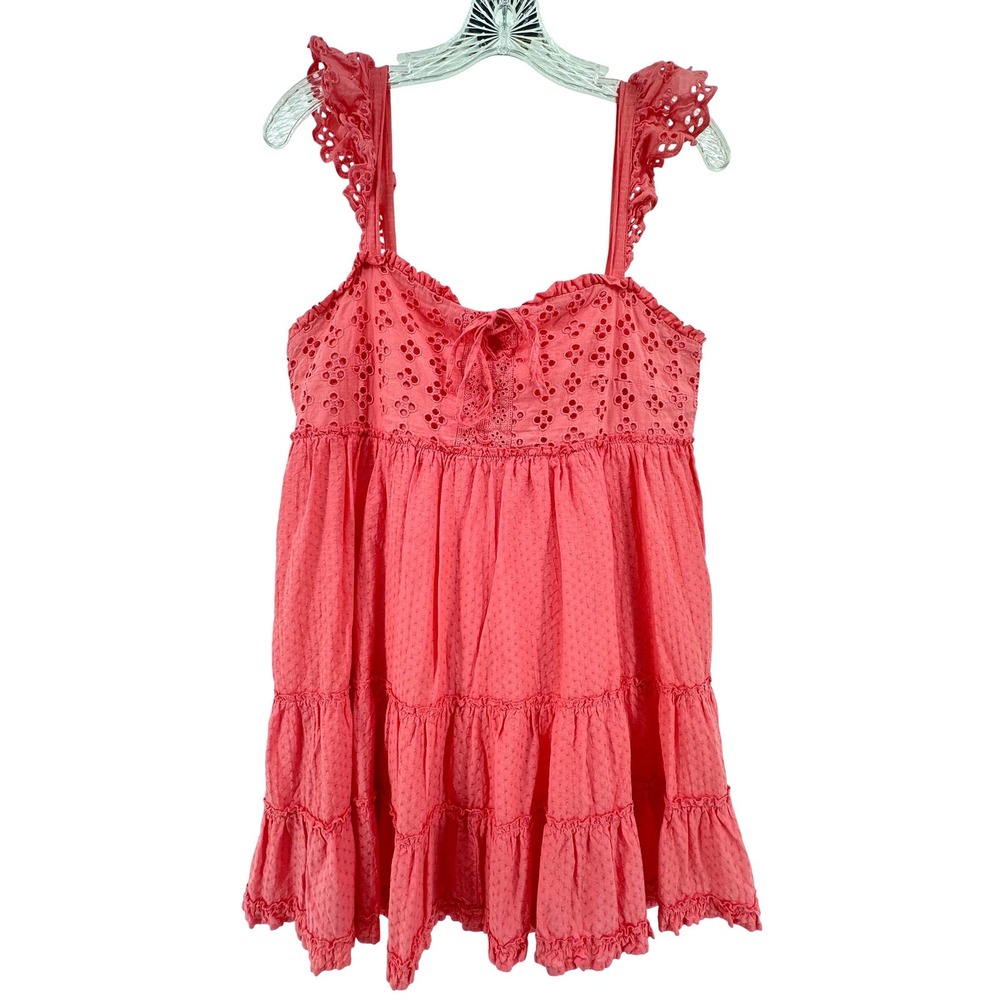 Altar'd State Coral Pink Eyelet Lace Tiered Babydoll Mini Dress Womens Size M